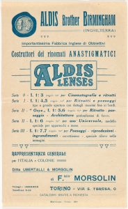 Advertising leaflet for a distributor of Aldis lenses in Italy and its colonies, describing Anastigmat series 0 - III. Held by Museum Victoria in Melborne, Australia.